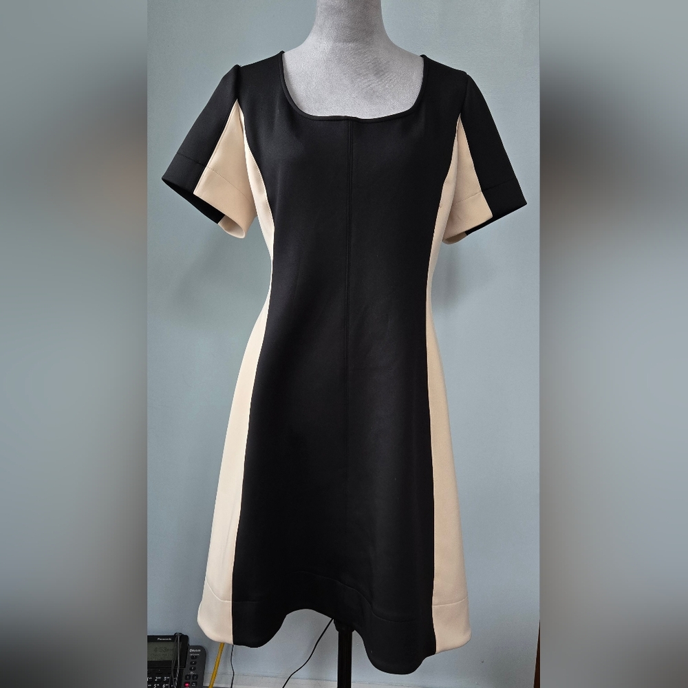 Donna Karan NY black-tan scuba A-line dress short sleeve color block sz 14